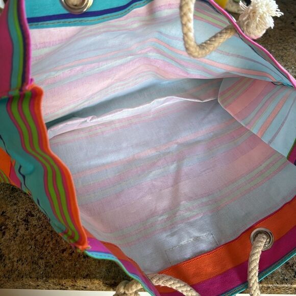 Neiman Marcus bright stripe knot rope handle small tote. 14 x 10 1/2 x 4 1/2 in. - Picture 4 of 5